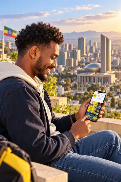 Betika app Ethiopia: a player opens Betika on his smartphone in Addis Ababa