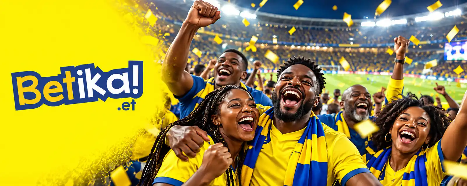 Betika Ethiopia banner with fans in yellow and blue celebrating at a stadium
